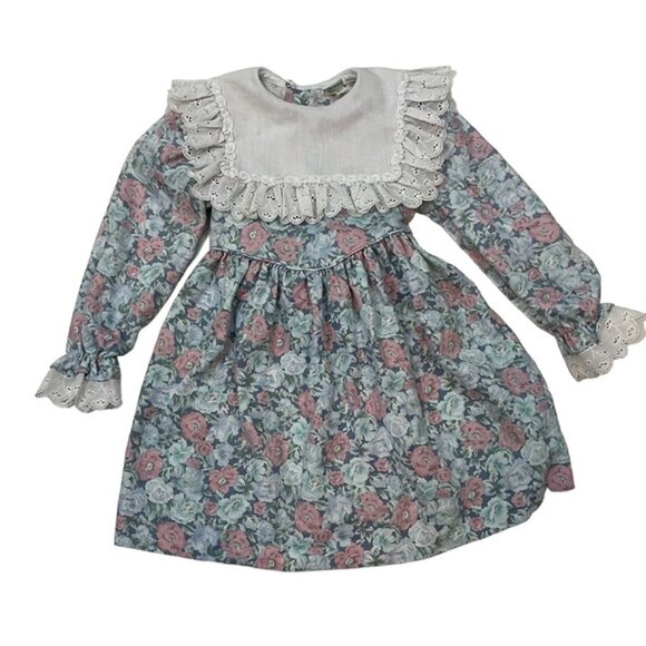 Vtg girls dress 4T Peaches N Cream green floral prairie long sleeve - Picture 1 of 6